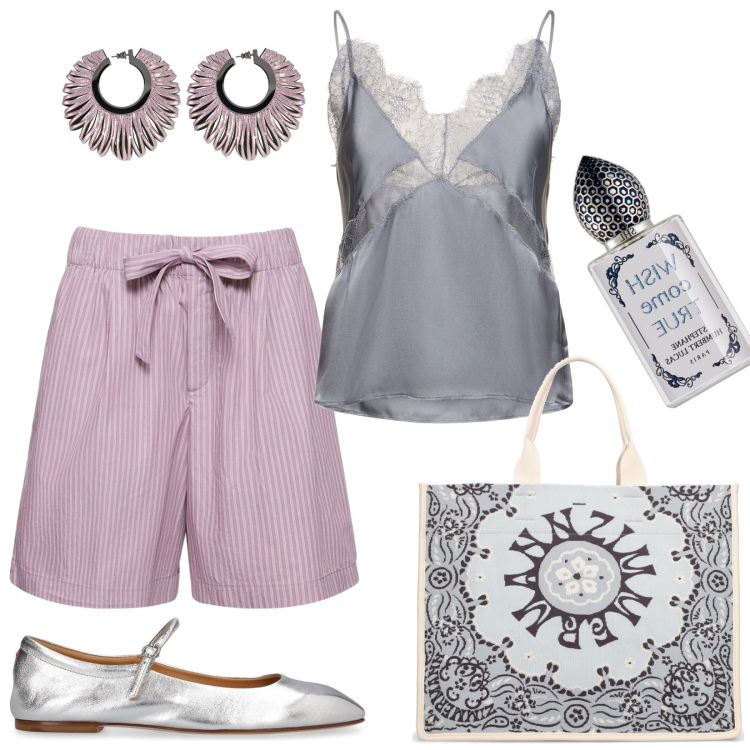 Outfit donna - Primi passi dell\'estate. Stile Trendy per Tutti i giorni. Abbinamento con profumi, orecchini, shopping bag, ballerine, top, shorts.