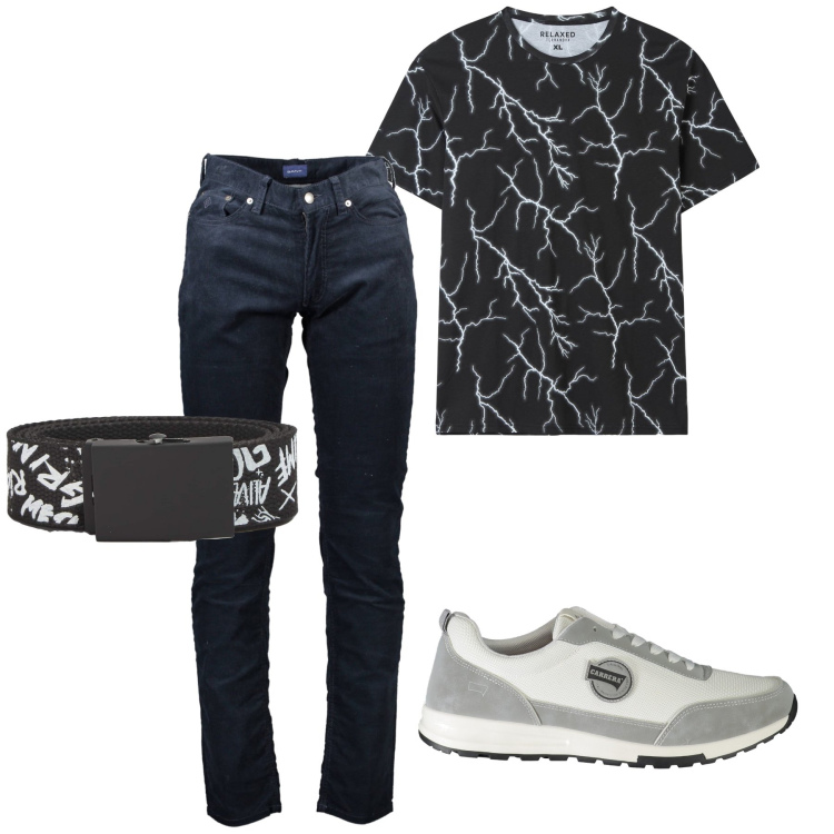 Outfit uomo - La t-shirt decorata. Stile Casual per Tutti i giorni. Abbinamento con t-shirt, cinture, sneakers, pantaloni.