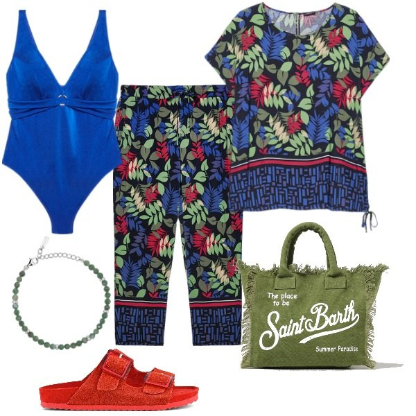 Outfit donna - Moda mare 2024 per tg. forti. Stile Trendy per Mare. Abbinamento con braccialetti, sandali, bluse, costumi interi, pantaloni, borse a spalla.