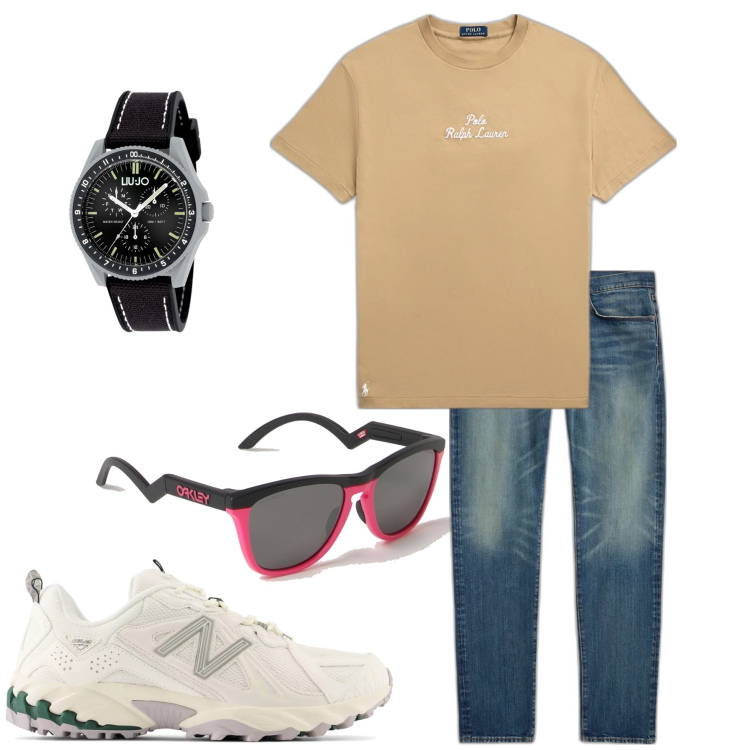 Outfit uomo - Casual nel tempo libero. Stile Casual per Tutti i giorni. Abbinamento con sneakers, t-shirt, jeans, orologi, occhiali da sole.