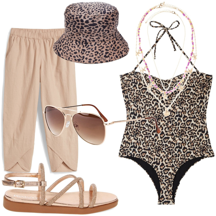 Outfit donna - Leopardato al mare. Stile Chic per Mare. look ideale per Petite. Abbinamento con occhiali da sole, pantaloni, ciondoli, costumi interi, sandali gioiello, cappelli.
