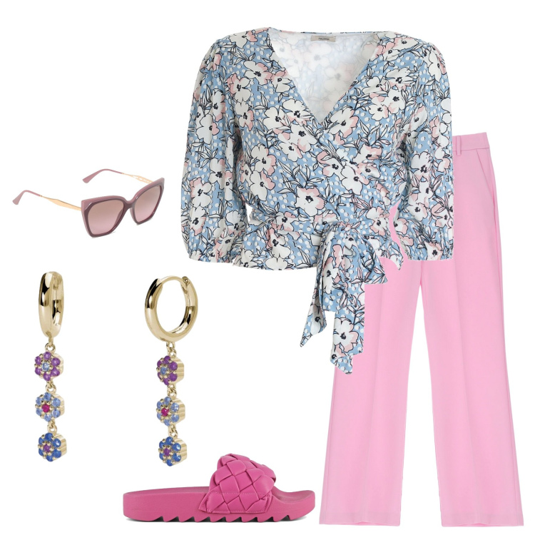 Outfit donna - Sabot fucsia. Stile Casual chic per Tutti i giorni. Abbinamento con orecchini, pantaloni, bluse, ciabatte, occhiali da sole.