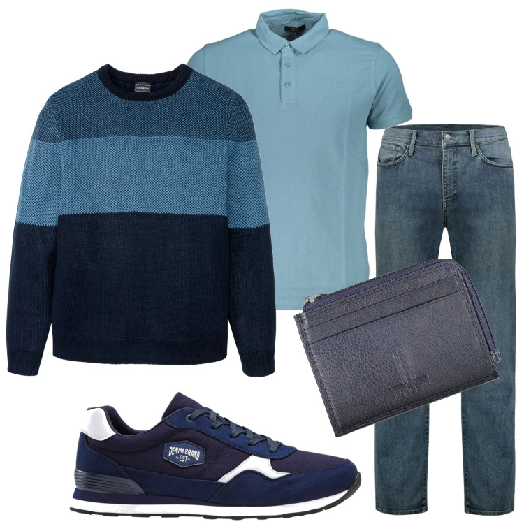 Outfit uomo - In città. Stile Casual per Tutti i giorni. Abbinamento con sneakers, maglieria, jeans, polo, portamonete.