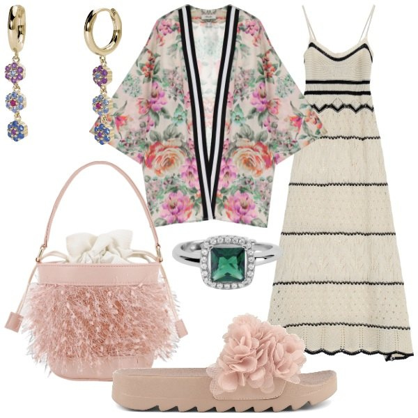 Outfit donna - Primavera con Stampe e motivi floreali. Stile Romantica per Serata fuori. Abbinamento con anelli, orecchini, vestiti lunghi, blazer, borse a secchiello, ciabatte.