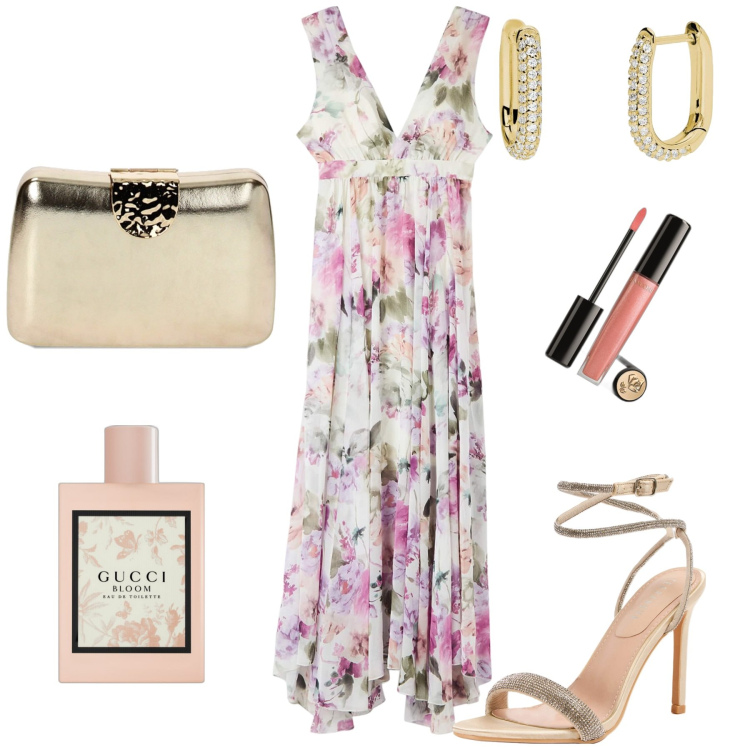 Outfit donna - Total look #1882768. Stile Glamour per Cerimonia. look ideale per Petite. Abbinamento con profumi, gloss, vestiti lunghi, sandali col tacco, orecchini, clutch.