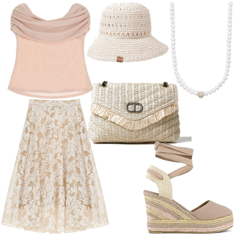 Outfit donna - Fiori per una romantica primavera. Stile Romantica per Tutti i giorni. Abbinamento con collane, top, gonne longuette, cappelli, espadrillas, borse a spalla.
