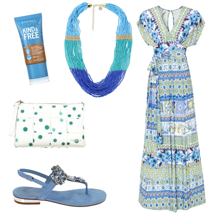 Outfit donna - Total look #1882772. Stile Boho per Serata fuori. look ideale per Tall. Abbinamento con vestiti lunghi, fondotinta, collane, ciabatte, borse a spalla.