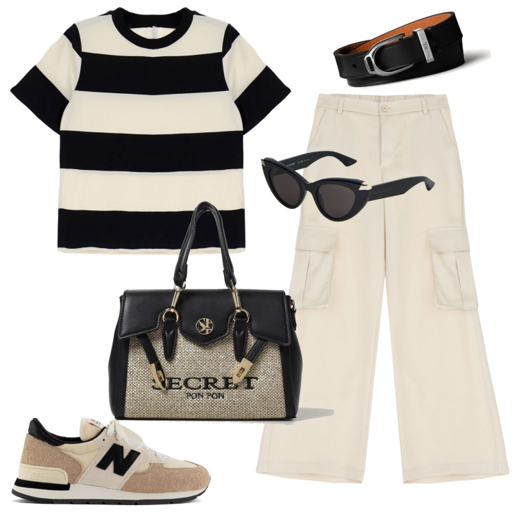 Outfit donna - Righe. Stile Bon Ton per Tutti i giorni. Abbinamento con sneakers, t-shirt, pantaloni cargo, braccialetti, borse a mano, occhiali da sole.