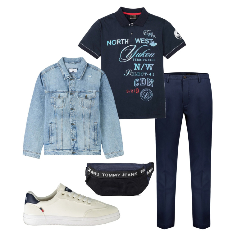 Outfit uomo - Polo stampa frontale. Stile Casual per Tutti i giorni. Abbinamento con polo, giacche, pantaloni chino, sneakers, borse sportive.