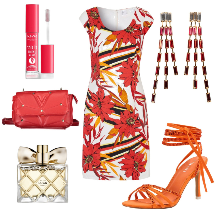 Outfit donna - Total look #1882798. Stile Chic per Serata fuori. Abbinamento con orecchini, vestiti a tubino, gloss, profumi, sandali alla schiava, borse a tracolla.