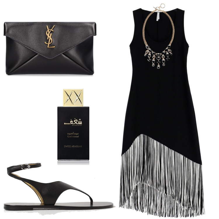 Outfit donna - Serata speciale. Stile Chic per Serata fuori. Abbinamento con profumi, vestiti lunghi, collane, pochette, sandali.