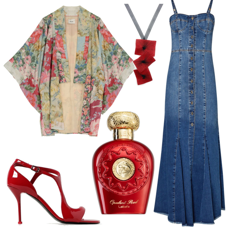 Outfit donna - Serata d\' estate. Stile Casual chic per Serata fuori. Abbinamento con ciondoli, profumi, cardigans, vestiti lunghi, sandali col tacco.