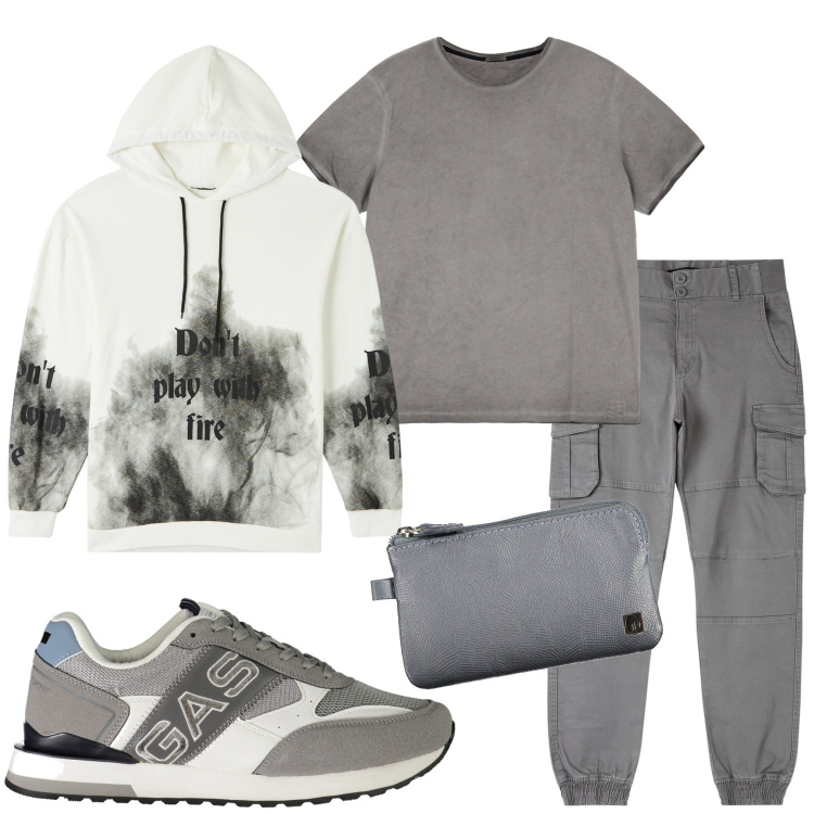Outfit uomo - Al cinema. Stile Casual per Tutti i giorni. Abbinamento con pantaloni cargo, felpe, t-shirt, sneakers, portafogli.