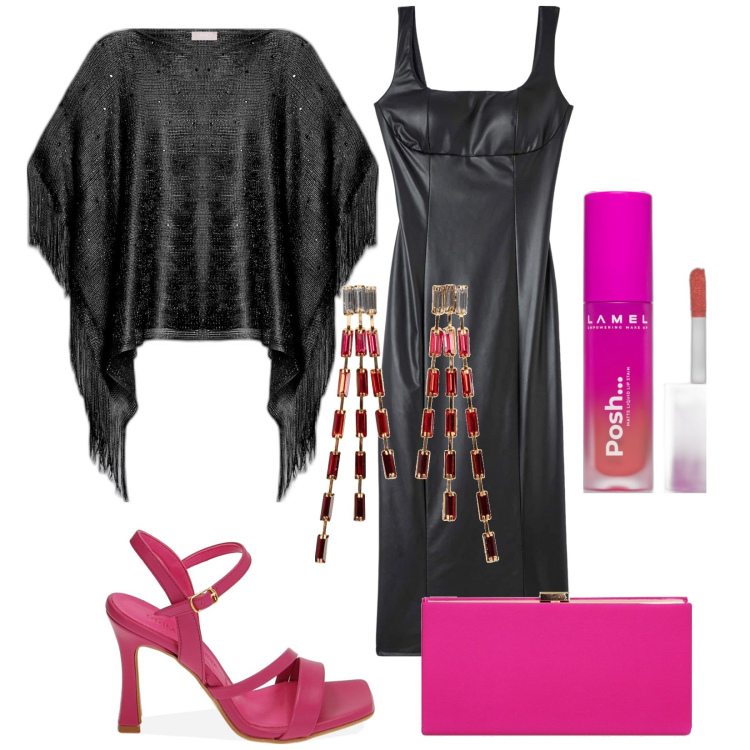 Outfit donna - Il poncho per la sera. Stile Sexy per Serata fuori. Abbinamento con orecchini, rossetti, vestiti midi/longuette, sandali col tacco, pochette, cappotti.