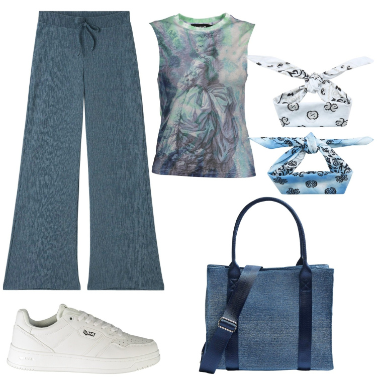 Outfit donna - Tempo libero. Stile Sporty chic per Tutti i giorni. Abbinamento con pantaloni, shopping bag, fasce per capelli, canottiere, sneakers.