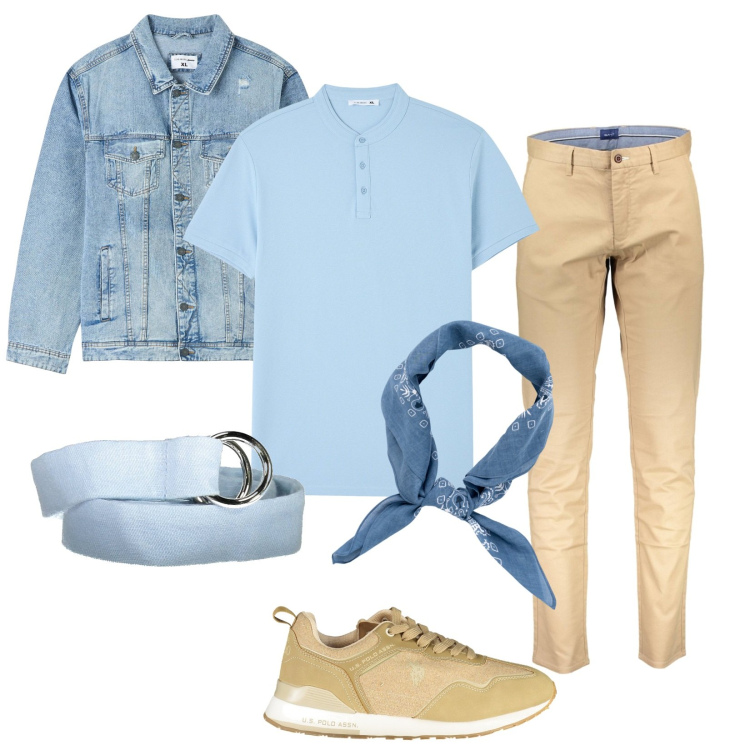 Outfit uomo - Azzurro polvere. Stile Trendy per Tutti i giorni. Abbinamento con giacche, t-shirt, pantaloni, scarpe sportive, sciarpe e foulard, cinture.