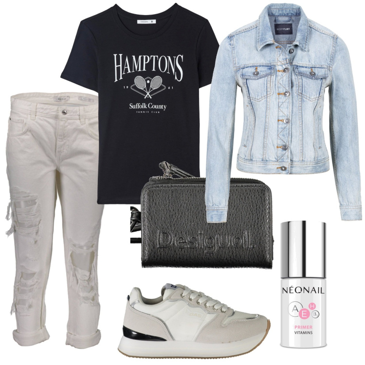 Outfit donna - Total look #1882827. Stile Casual per Tutti i giorni. Abbinamento con giacche sportive, primer, t-shirt, sneakers, portafogli, jeans strappati.