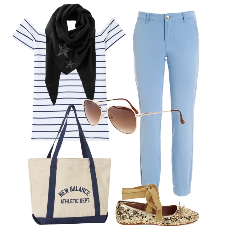 Outfit donna - Il tempo del mare. Stile Vintage retrò per Mare. Abbinamento con foulard, occhiali da sole, t-shirt, borse tote, pantaloni, ballerine.
