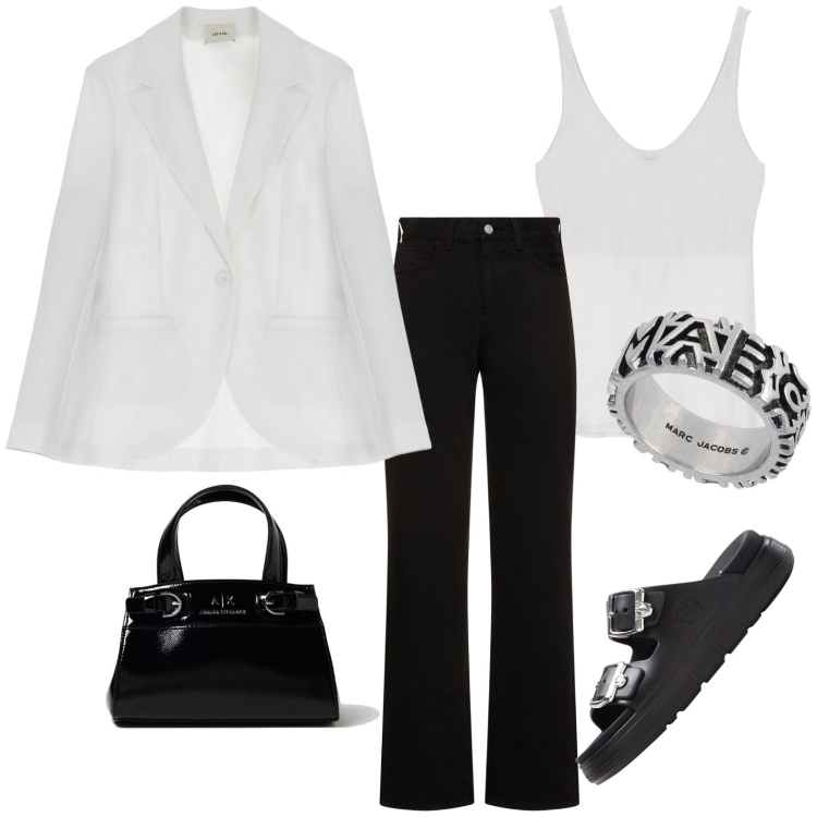 Outfit donna - Il blazer bianco. Stile Casual per Tutti i giorni. look ideale per Petite. Abbinamento con ciabatte, blazer, canottiere, jeans dritti, anelli, borse a spalla.
