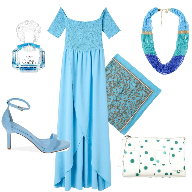 Outfit donna - Azzurro. Stile Casual chic per Tutti i giorni. Abbinamento con profumi, vestiti lunghi, sandali col tacco, collane, sciarpe, borse a spalla.