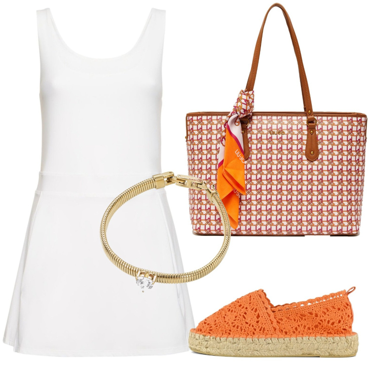 Outfit donna - Il minidress per l\'aperitivo. Stile Casual per Tutti i giorni. look ideale per Petite. Abbinamento con espadrillas, vestiti, shopping bag, braccialetti.