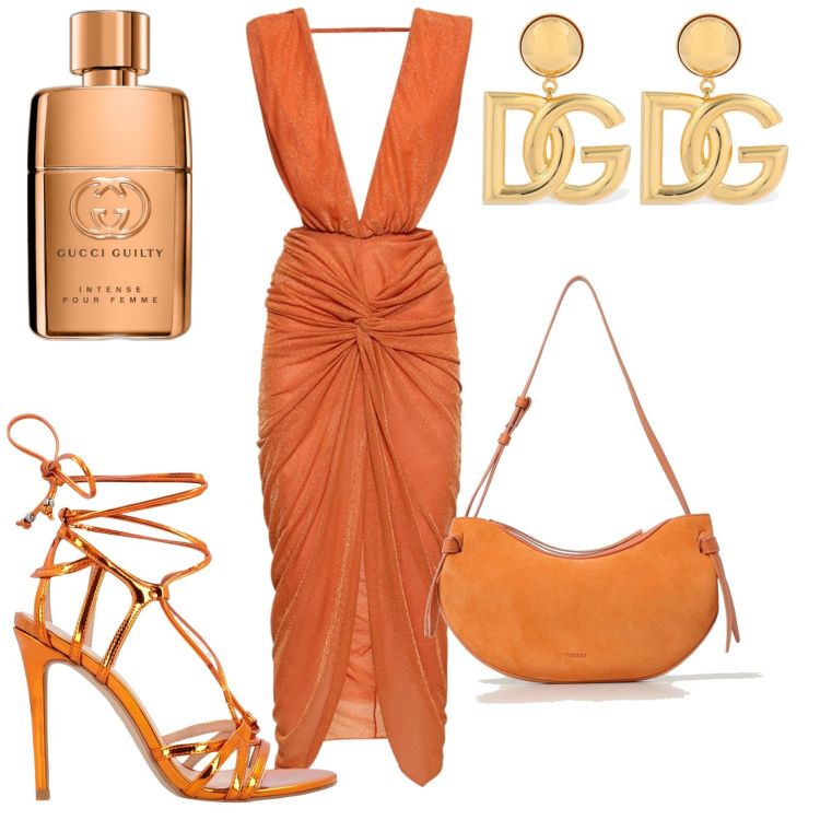 Outfit donna - La serata arancione. Stile Chic per Serata fuori. Abbinamento con profumi, sandali in pelle, vestiti midi/longuette, borse a spalla, orecchini.