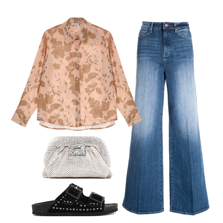 Outfit donna - Beach sunset. Stile Boho per Serata fuori. Abbinamento con jeans, camicie, sandali, clutch.