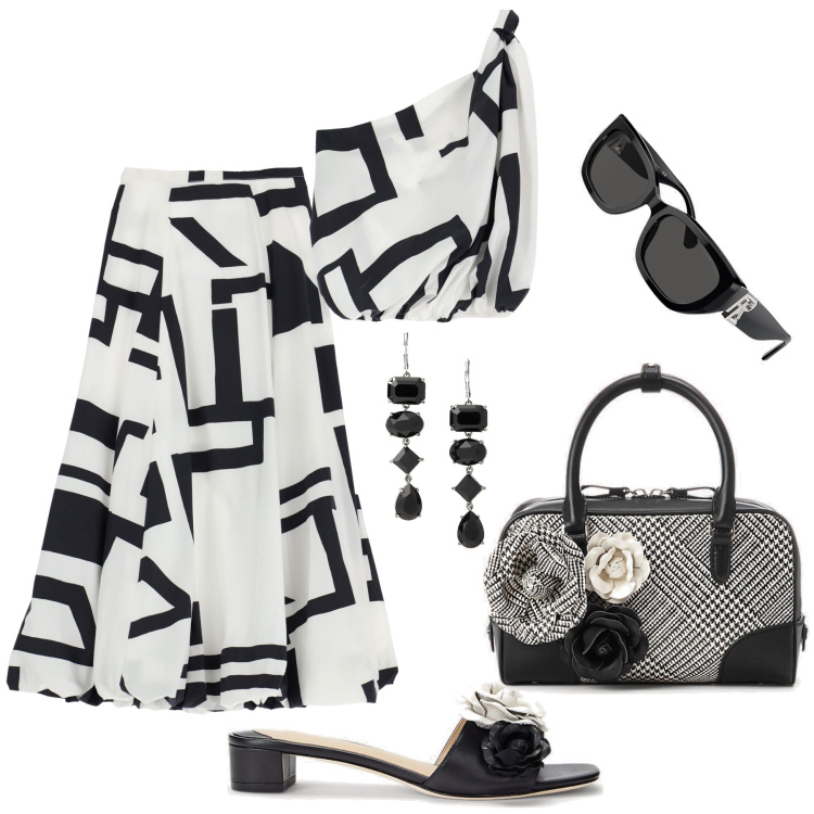Outfit donna - Geometrie e fiori B&W Imperial. Stile Glamour per Tutti i giorni. Abbinamento con gonne lunghe, top, occhiali da sole, borse a mano, sandali in pelle, orecchini.