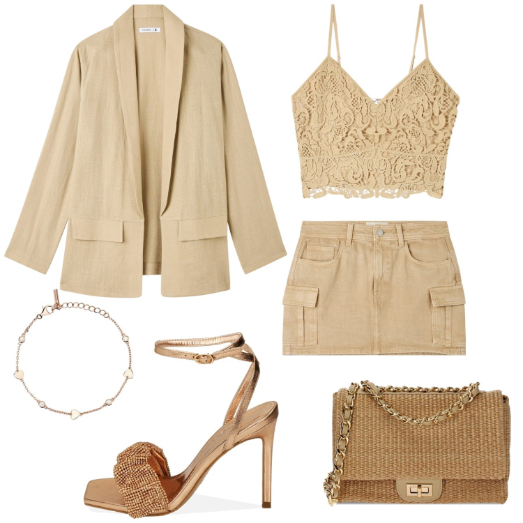 Outfit donna - Blazer e minigonna. Stile Casual chic per Tutti i giorni. Abbinamento con minigonne, blazer, top, braccialetti, borse a tracolla, sandali col tacco.
