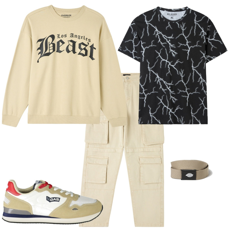 Outfit uomo - Urban al pub con gli amici. Stile Urban per Serata speciale. Abbinamento con felpe, t-shirt, pantaloni cargo, cinture, sneakers.