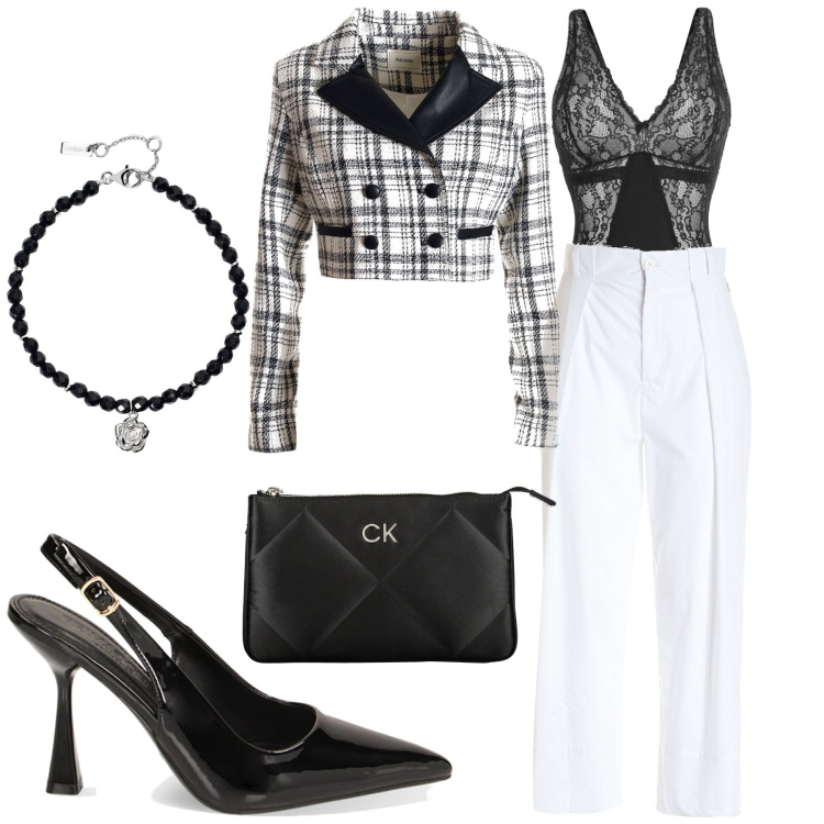 Outfit donna - Business meeting. Stile Chic per Ufficio. Abbinamento con body, braccialetti, pantaloni, blazer, décolleté, borse a tracolla.