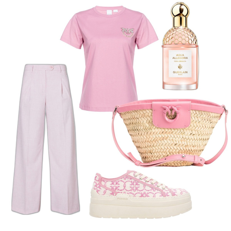 Outfit donna - Total look #1882883. Stile Glamour per Ufficio. Abbinamento con profumi, t-shirt, sneakers, borse a secchiello, pantaloni a palazzo.