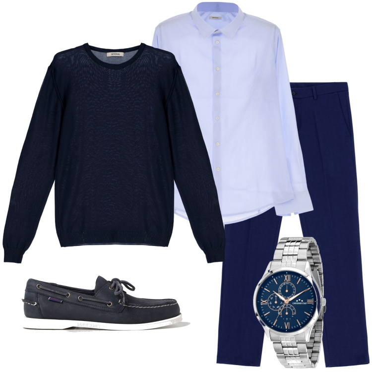 Outfit uomo - In ufficio. Stile Business/Elegante per Ufficio. Abbinamento con orologi, camicie, pullovers, pantaloni, scarpe stringate.
