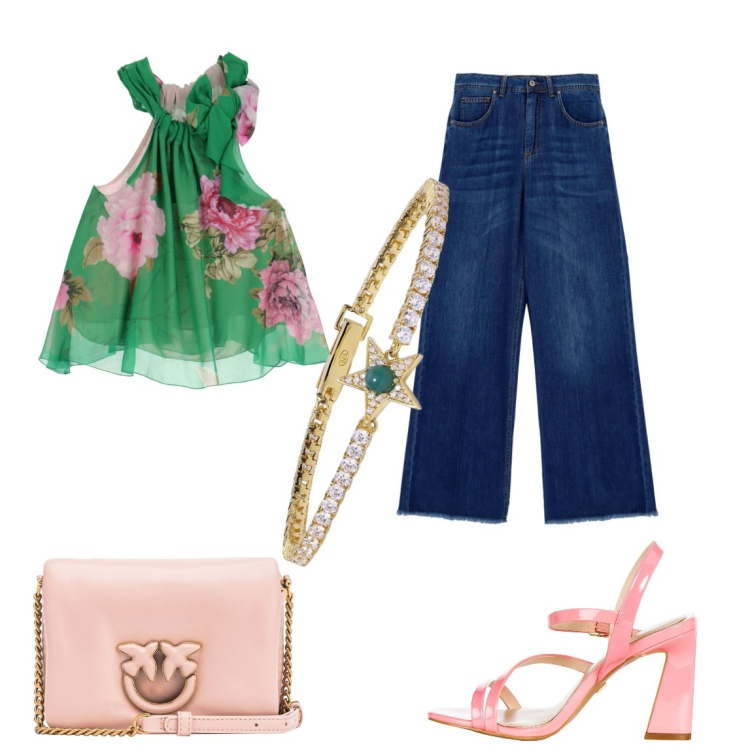 Outfit donna - Stagione floreale. Stile Casual chic per Serata fuori. Abbinamento con braccialetti, borse a tracolla, sandali in pelle, jeans, canottiere.