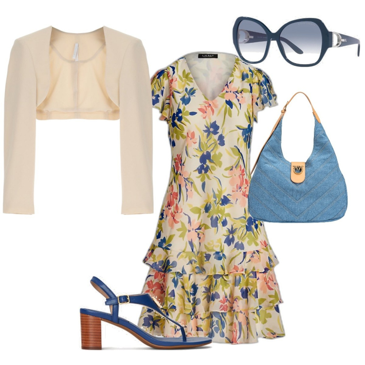 Outfit donna - Fiori. Stile Bon Ton per Ufficio. Abbinamento con borse a spalla, blazer, vestiti, sandali in pelle, occhiali da sole.
