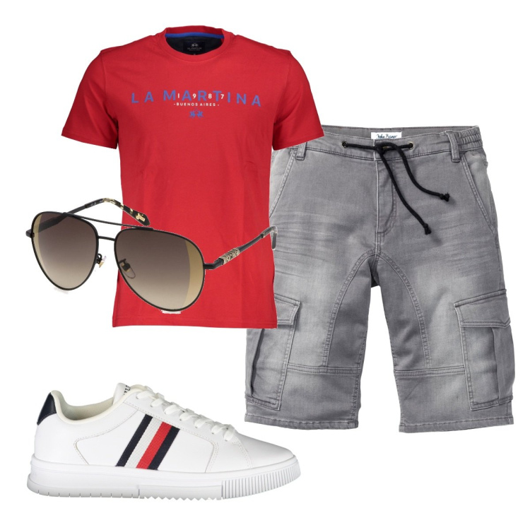 Outfit uomo - Total look #1882928. Stile Casual per Tutti i giorni. Abbinamento con bermuda, t-shirt, occhiali da sole, scarpe sportive.