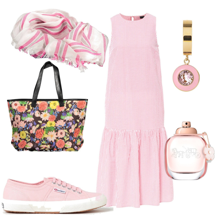Outfit donna - Pratica. Stile Casual per Tutti i giorni. Abbinamento con vestiti, profumi, sneakers, orecchini, foulard, borse a spalla.