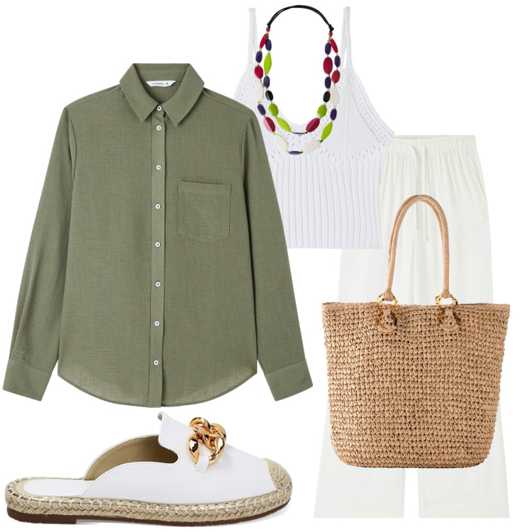 Outfit donna - La camicia verde. Stile Casual per Serata fuori. Abbinamento con shopping bag, pantaloni, camicie, top, sabot, collane.