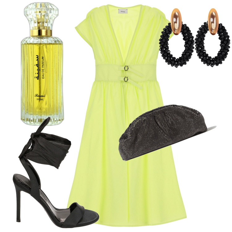 Outfit donna - Cena al lago. Stile Chic per Serata fuori. Abbinamento con orecchini, profumi, sandali col tacco, vestiti lunghi, clutch.