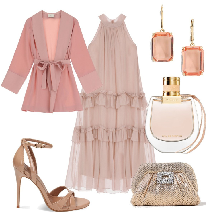 Outfit donna - Total look #1882956. Stile Romantica per Cerimonia. Abbinamento con profumi, sandali col tacco, vestiti lunghi, blazer, orecchini, clutch.