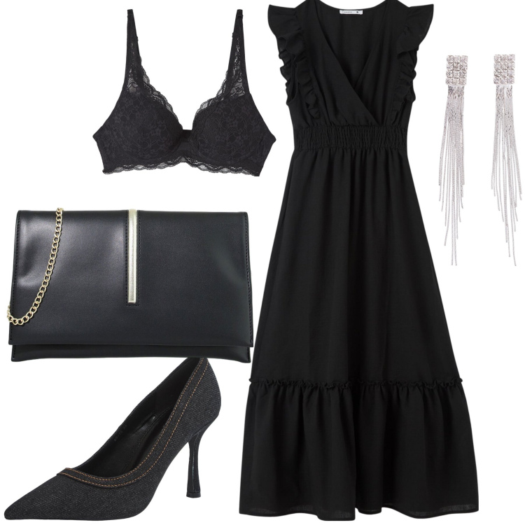 Outfit donna - Total look del sabato sera. Stile Glamour per Serata fuori. Abbinamento con orecchini, vestiti lunghi, reggiseni, décolleté, pochette.