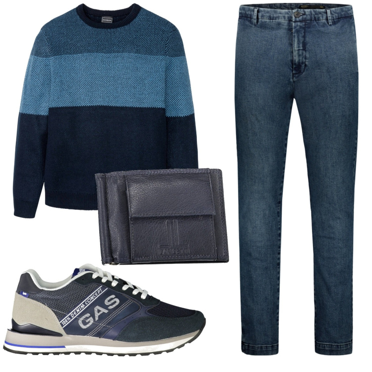 Outfit uomo - Total look #1882971. Stile Casual per Ufficio. Abbinamento con maglieria, sneakers, jeans, portafogli.