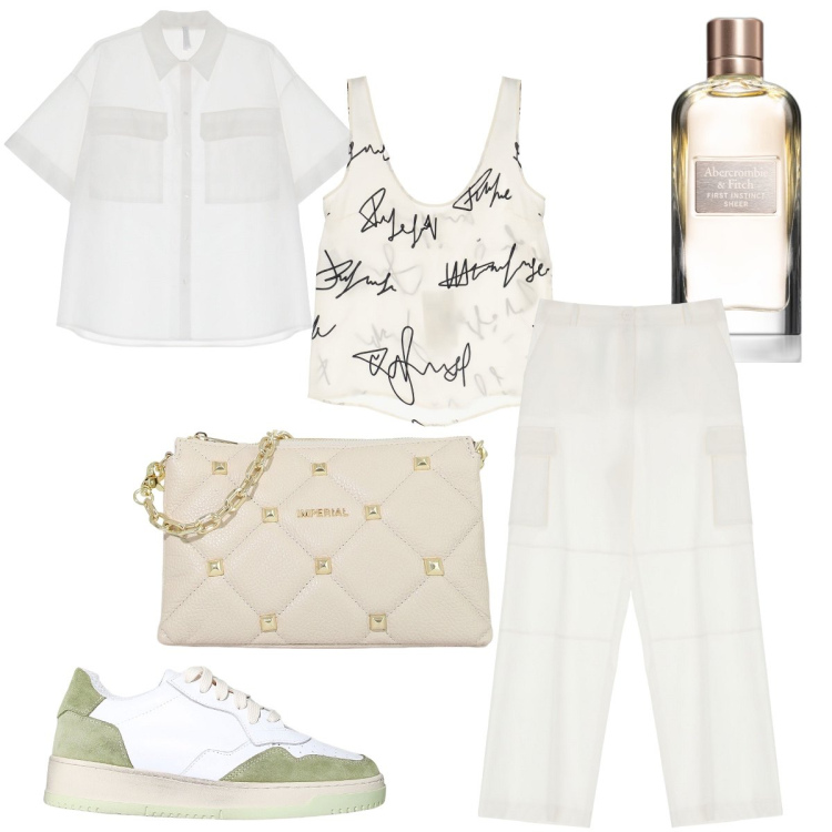 Outfit donna - Total look #1882982. Stile Sporty chic per Serata fuori. Abbinamento con profumi, top, pantaloni cargo, camicie a manica corta, pochette, sneakers.