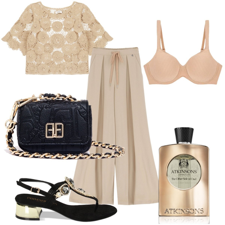 Outfit donna - Total look #1882985. Stile Chic per Serata fuori. Abbinamento con profumi, marsupi, sandali gioiello, pantaloni a palazzo, maglieria, reggiseni.