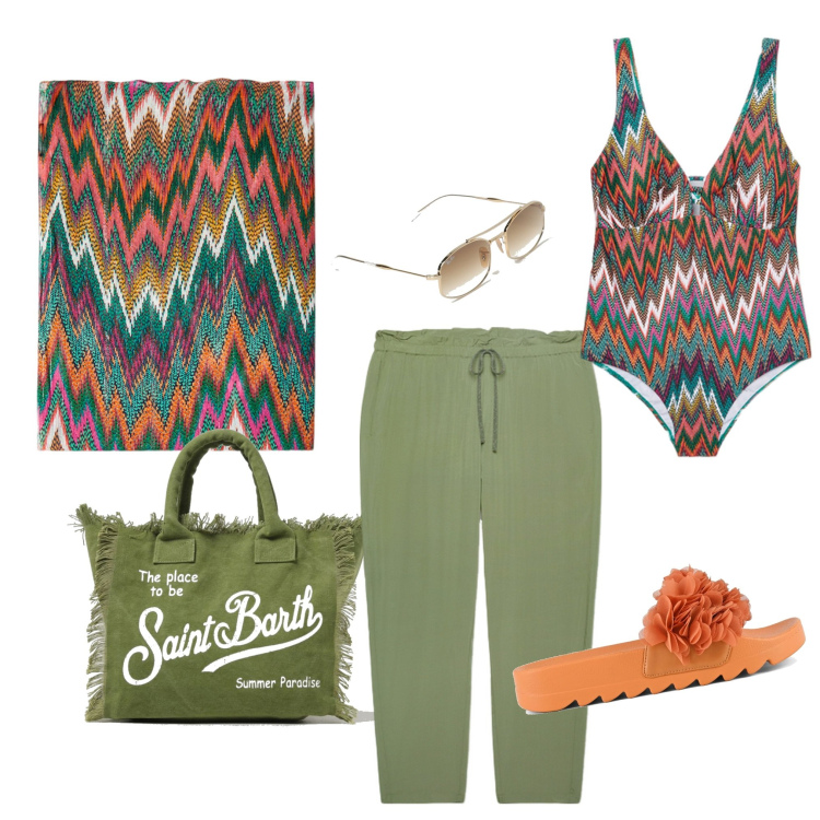 Outfit donna - Domenica si va a mare. Stile Casual chic per Mare. Abbinamento con ciabatte, costumi interi, vestiti da spiaggia, pantaloni, borse a spalla, occhiali da sole.