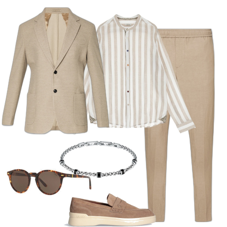Outfit uomo - La camicia in lino. Stile Trendy per Serata speciale. Abbinamento con braccialetti, camicie, occhiali da sole, giacche, scarpe stringate, pantaloni.