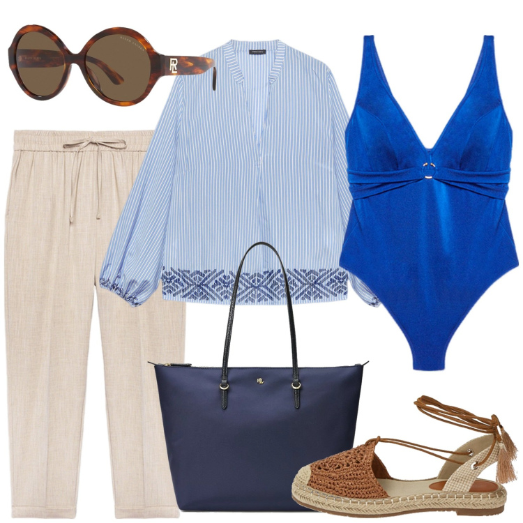 Outfit donna - Beachwear. Stile Casual per Mare. Abbinamento con espadrillas, borse tote, occhiali da sole, bluse, pantaloni, costumi interi.