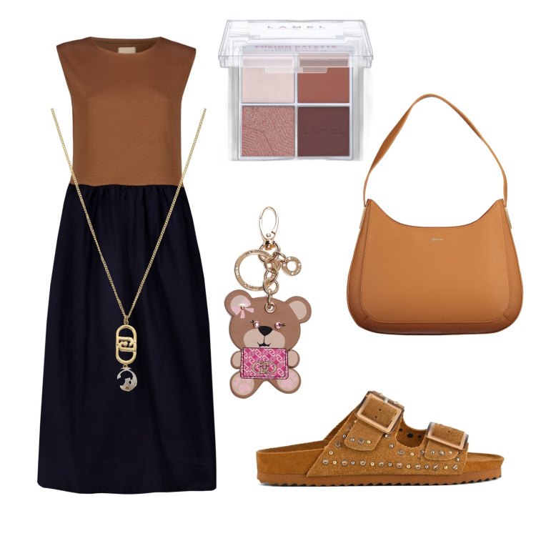 Outfit donna - Total look #1883008. Stile Casual chic per Tutti i giorni. Abbinamento con ombretti, vestiti midi/longuette, collane, sandali, borse a spalla, portachiavi.