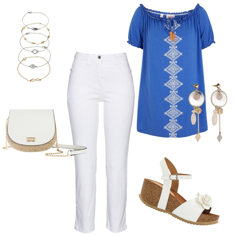Outfit donna - Grecia. Stile Casual per Mare. Abbinamento con sandali, pantaloni, orecchini, borse a tracolla, braccialetti con ciondoli, maglieria.