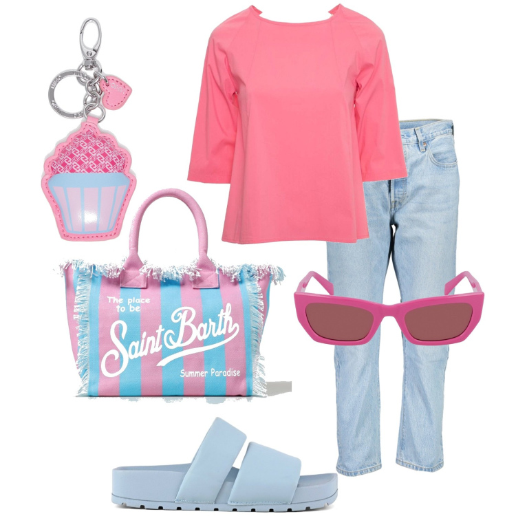 Outfit donna - Total look #1883024. Stile Trendy per Tutti i giorni. Abbinamento con ciabatte, bluse, borse tote, portachiavi, occhiali da sole, jeans.